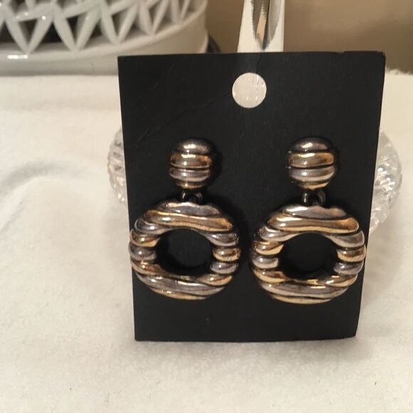 Striped Silvertone Drop Earrings - Picture 1 of 5